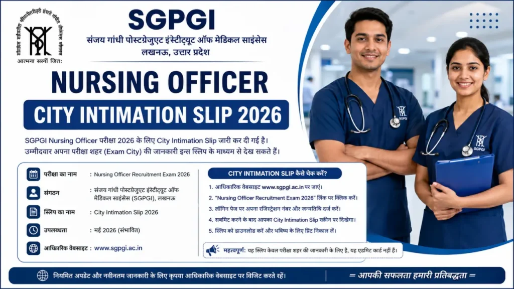 SGPGI Nursing Officer City Intimation Slip 2026